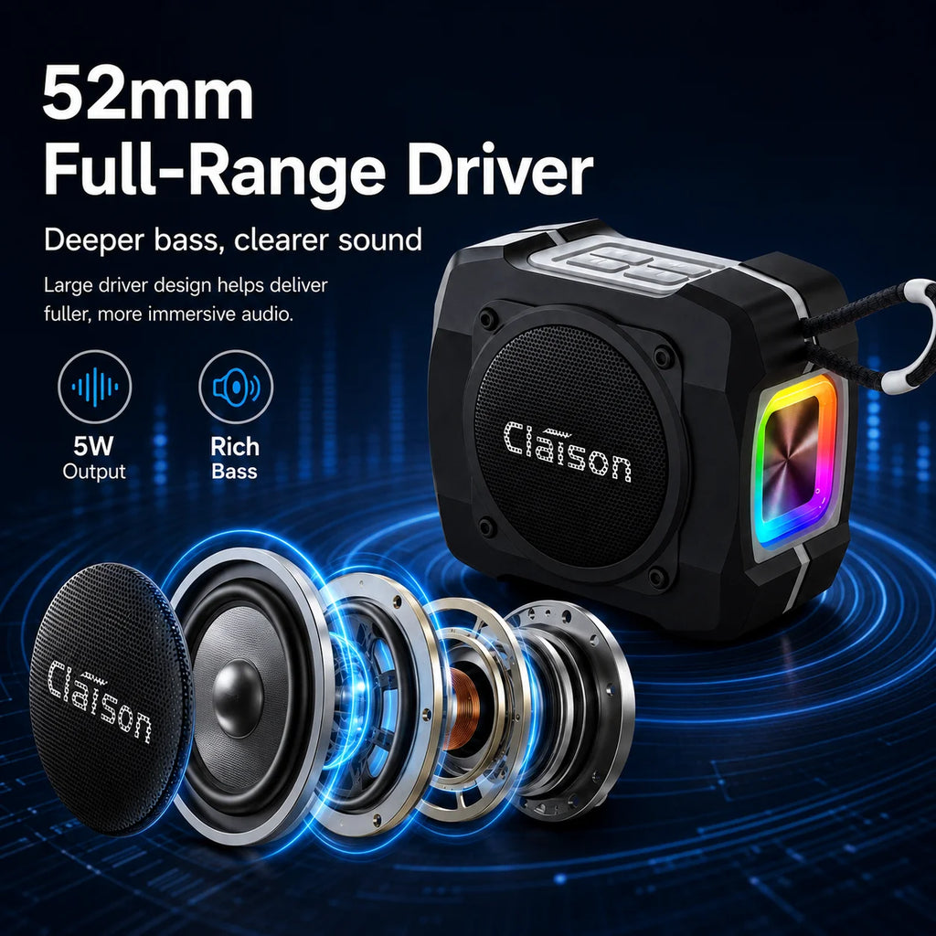 Portable Bluetooth Speaker, Bluetooth 5.3, TWS Pairing, 52mm Driver, 5W Output, 1200mAh Battery, RGB Light, FM Radio, TF Card and USB Playback, IPX6 Water Resistant Design for Outdoor, Camping, Travel and Home Use
