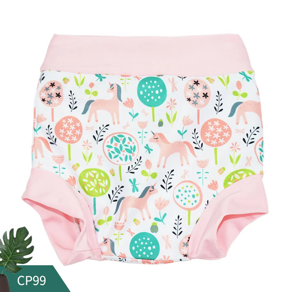 Reusable baby cloth diaper cover with pink unicorn print, soft elastic waistband, and leg cuffs. Model CP99.