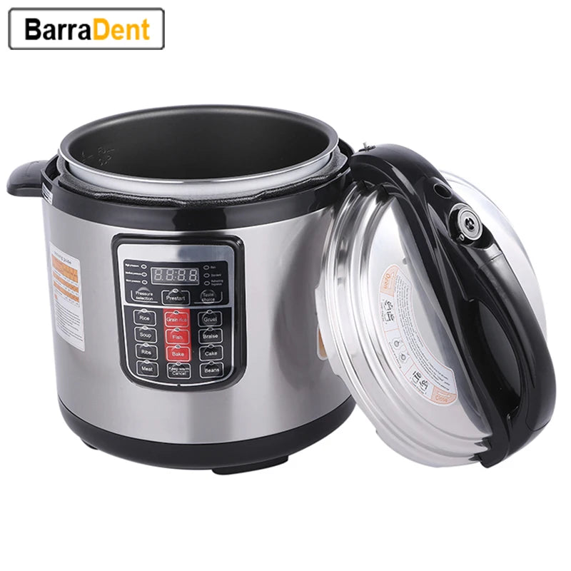 Silver electric multi-cooker with black control panel and open stainless lid