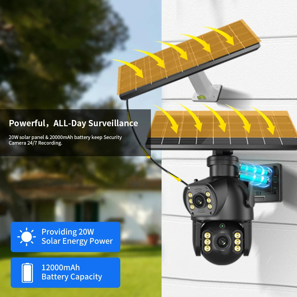 8MP 4K 4G SIM Solar Camera Outdoor Dual Lens Dual Screen Camera AI Automatic Tracking Detection Built-In Battery Solar Camera