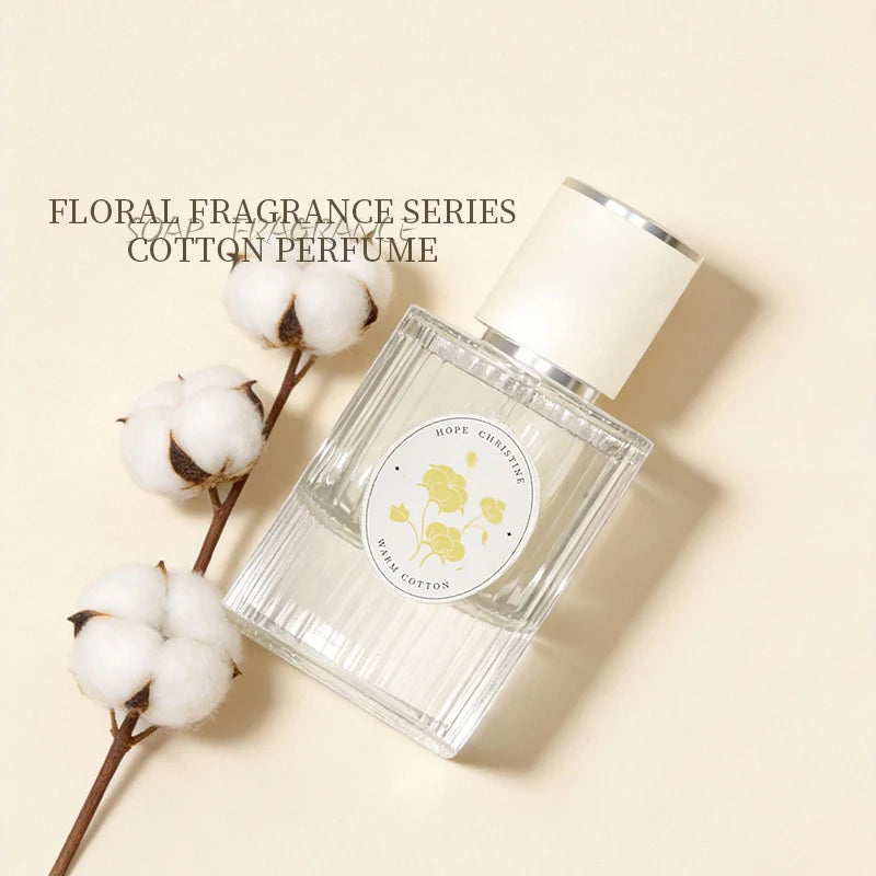 Hope Christine Warm Cotton unisex perfume, fresh floral soap scent in a ribbed glass bottle with white cap.