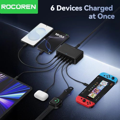 Rocoren USB Charger 100W GaN Charging Station 6-ports Desktop Fast Charging Type C Portable Power Station For iPhone 17 Xiaomi