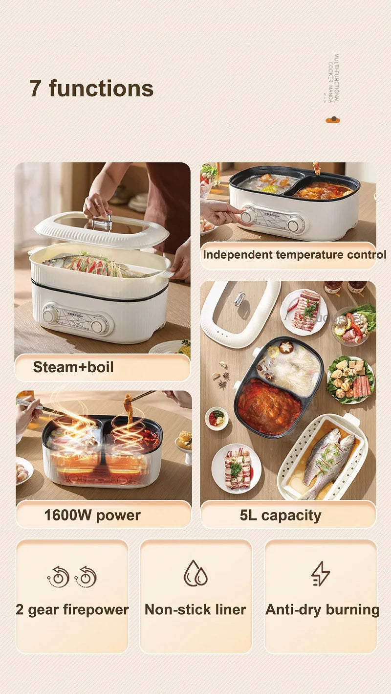 White electric hot pot with steamer lid and dual heating, shown with two food compartments