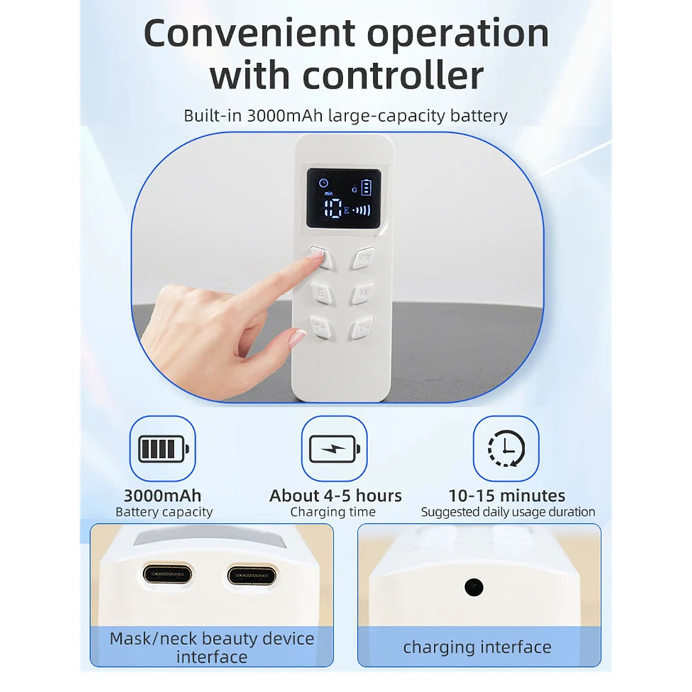 Hand holding controller for 8-color LED light therapy mask with 3000mAh battery, charging ports, and timer display.