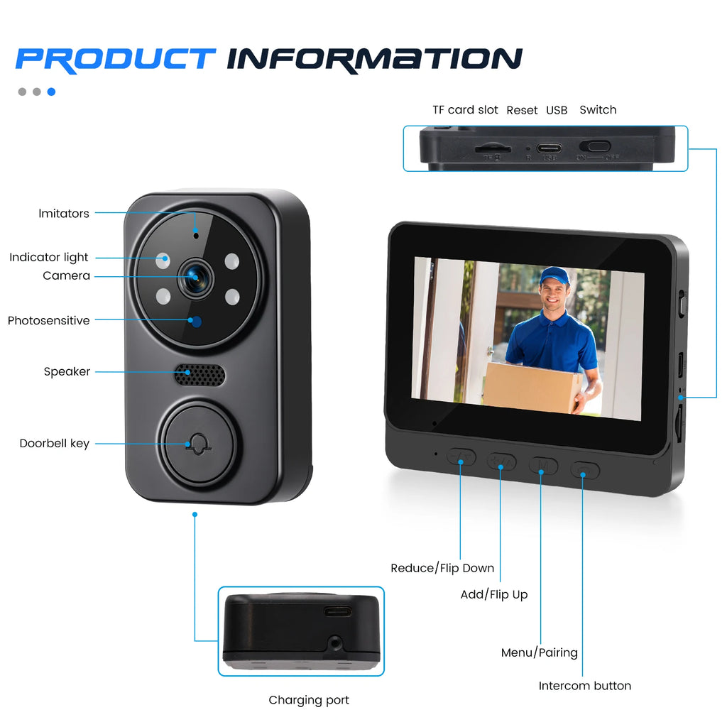 Podofo Smart Wireless Video Doorbell With Screen 4.3'' IPS HD Smart Intercom 2.4G Visible Doorbell Two-Way Talk Night Vision Home Use Security Camera