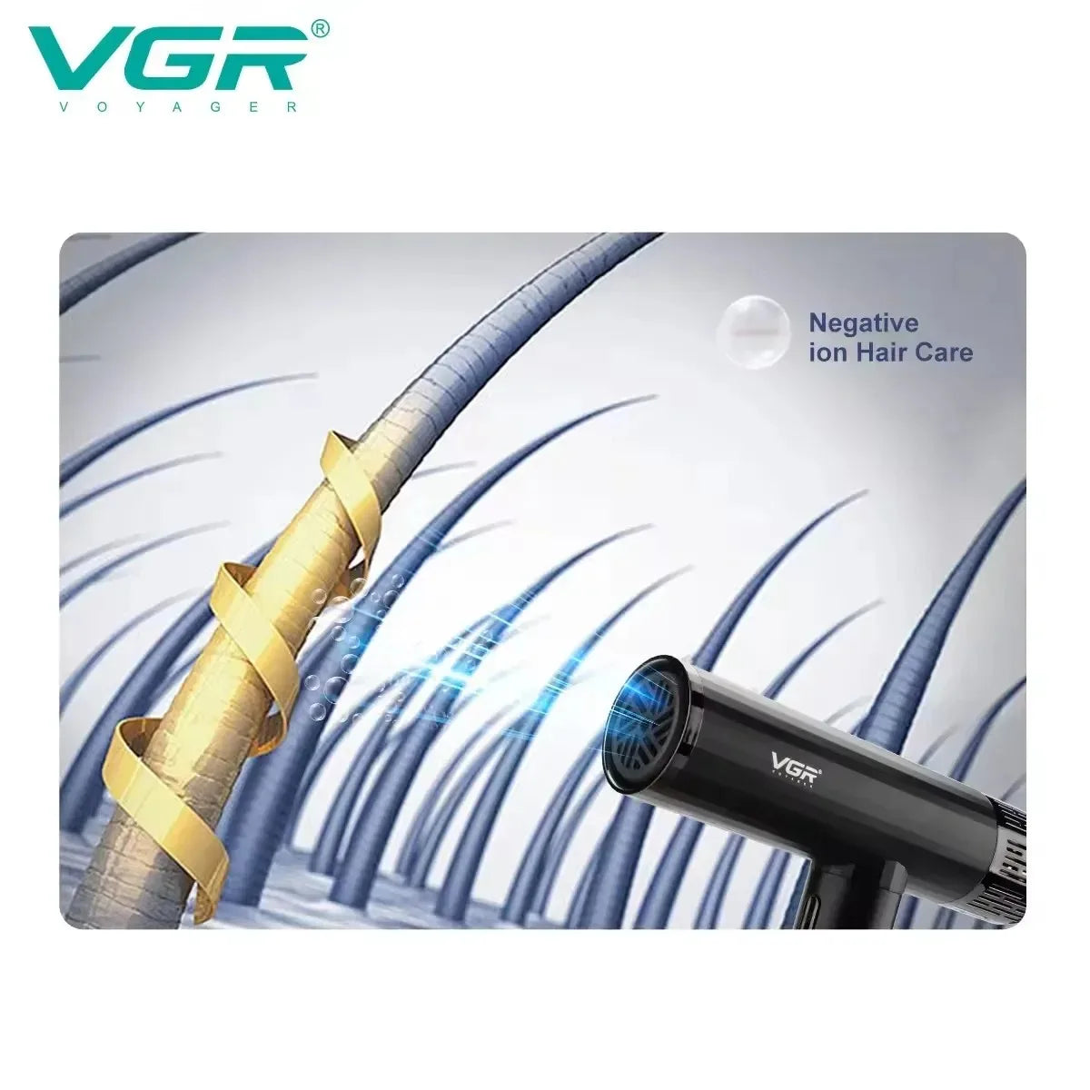VGR V-427 black professional hair dryer with high-speed brushless motor and negative ion tech for smooth styling.