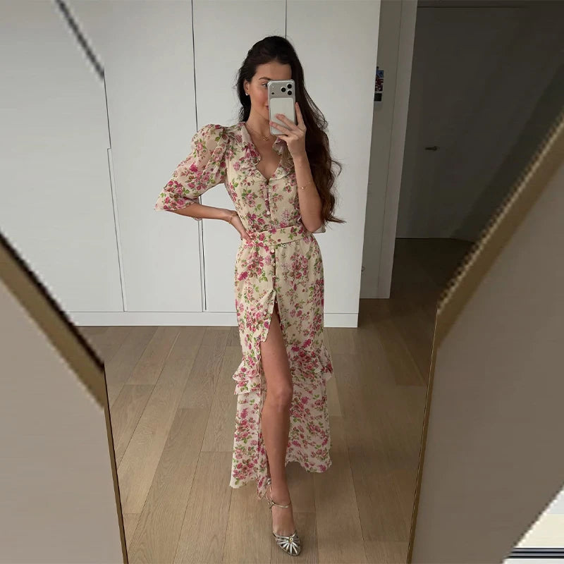 Printed Lace Patchwork Maxi Dress Women V-Neck Half Sleeve Single Breasted Lace Up Long Dresses 2026 Summer All-match Lady Robes