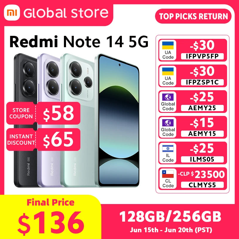 Xiaomi Redmi Note 14 5G Smartphone Global Version NFC 108MP 128GB/256GB ROM Camera MTK Dimensity 7025-Ultra 45W Turbo Charging