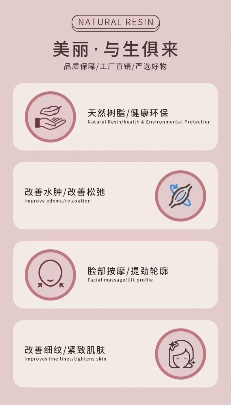 Pink natural resin facial gua sha and roller set infographic showing benefits for skin tightening and wrinkle reduction.