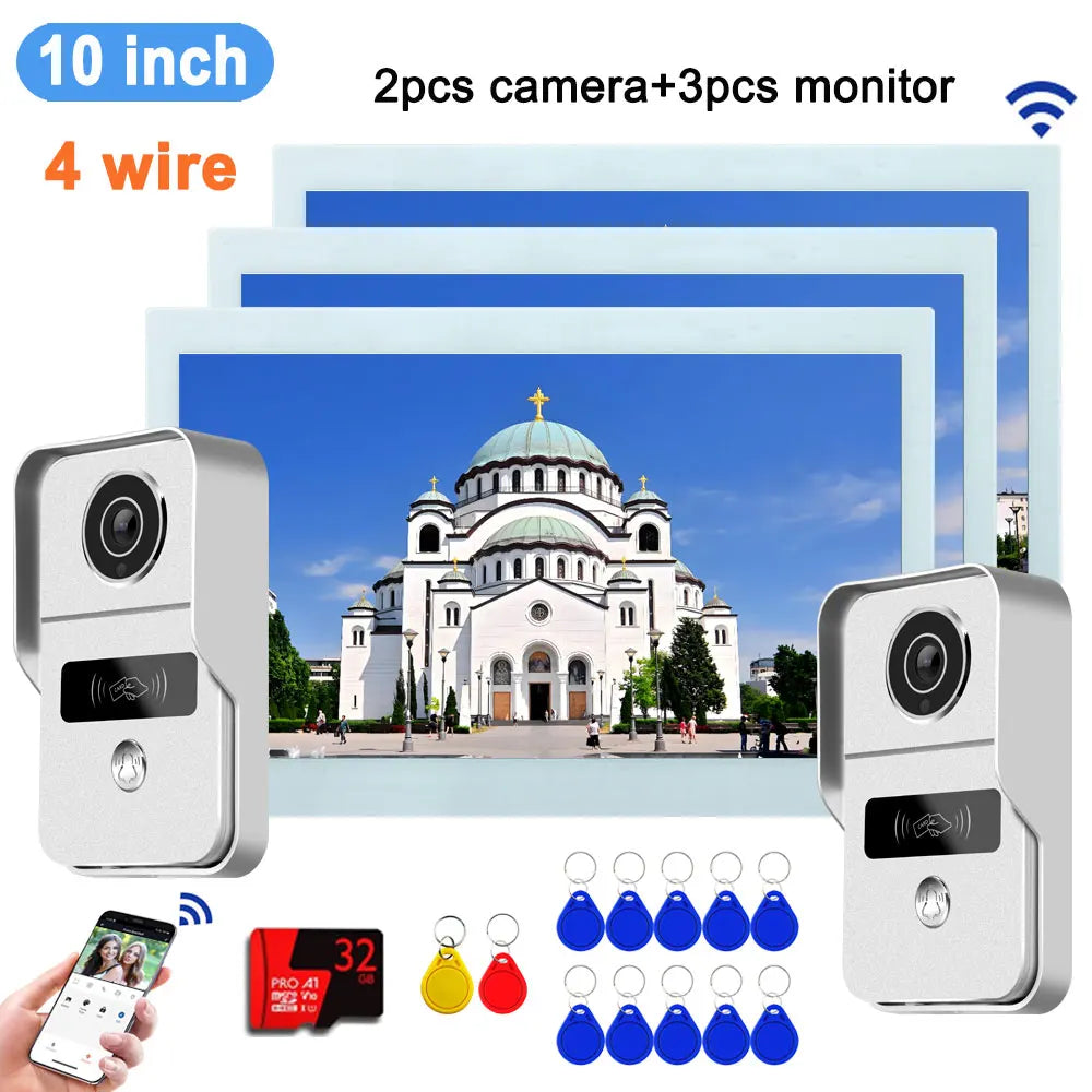 10-inch video doorbell intercom kit: two silver cameras, three monitors, RFID keys