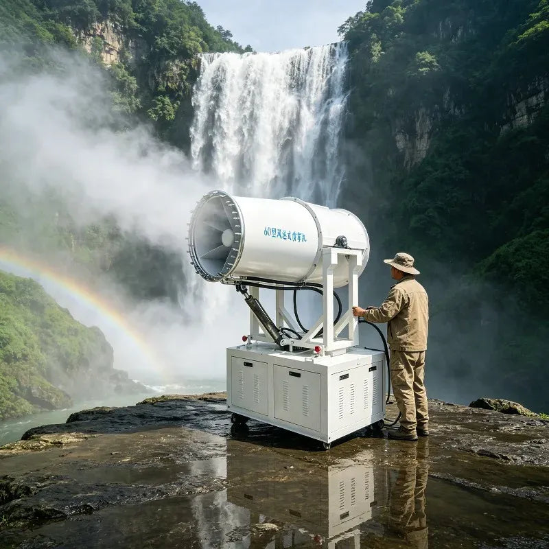 Mist cannon sprayer operated by a man near a waterfall, creating a fine water spray and a vibrant rainbow.
