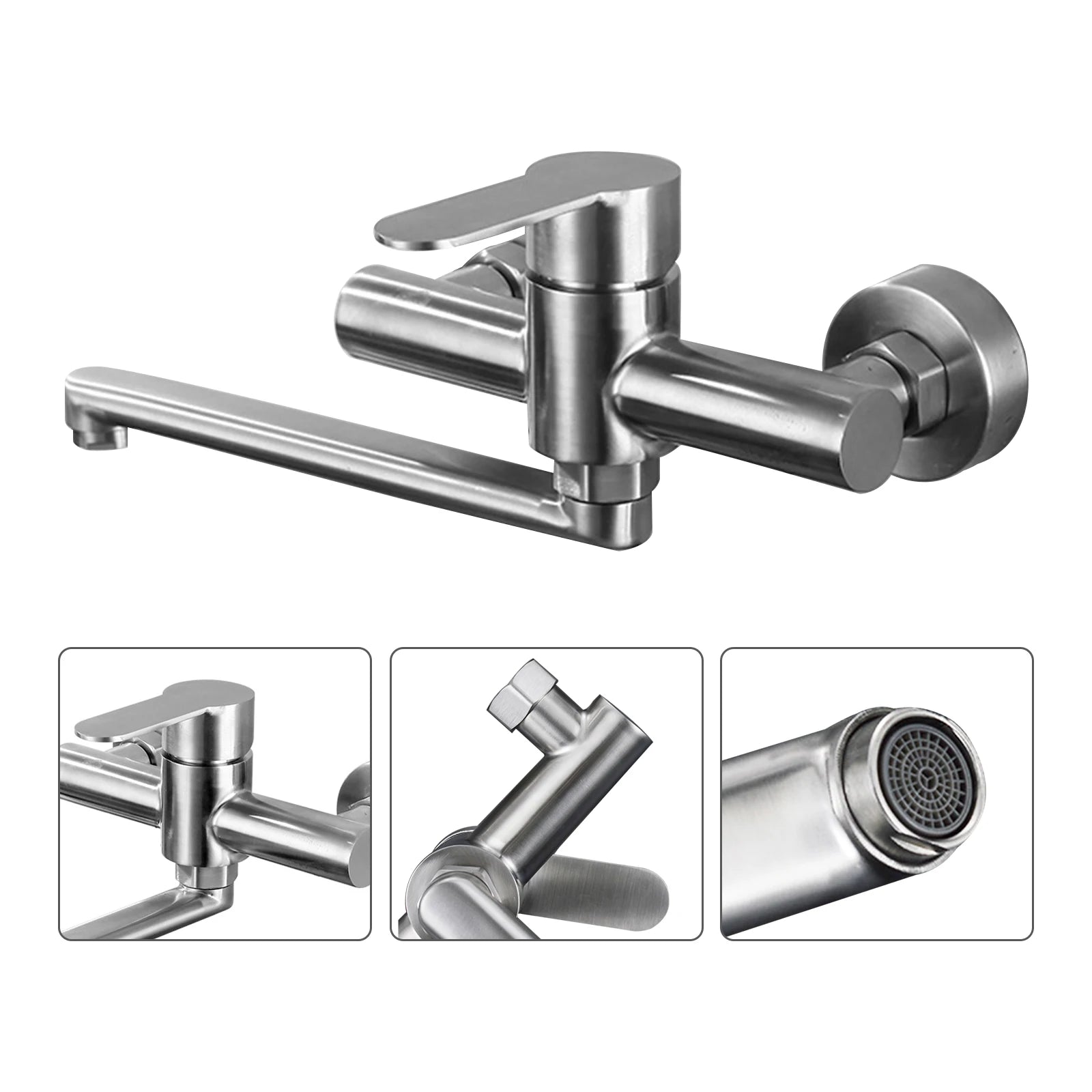 Silver Wall-Mounted Stainless Steel Rotatable Kitchen Faucet 360° Single Handle Hot and Cold Water Faucet For Both Homes Etc