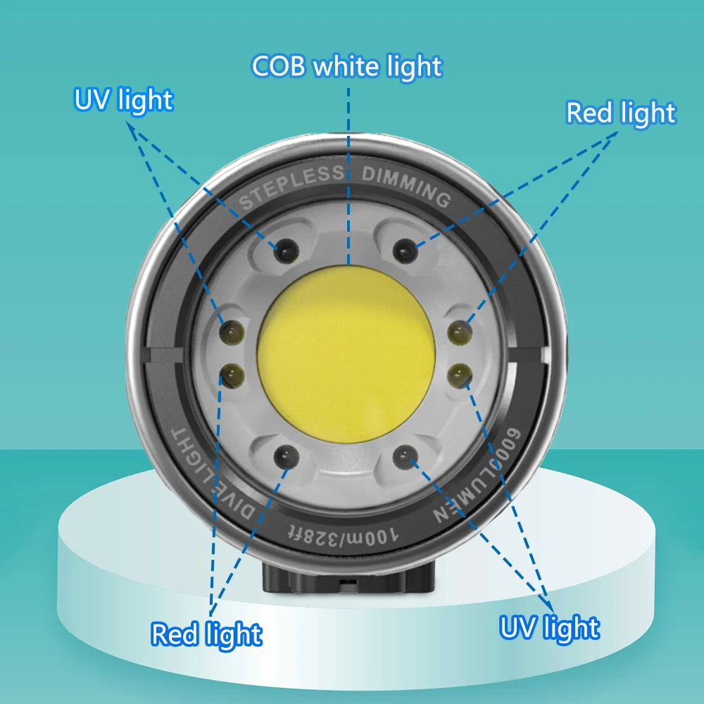 Round scuba diving flashlight head with a central COB white light surrounded by small red and UV LED indicators.