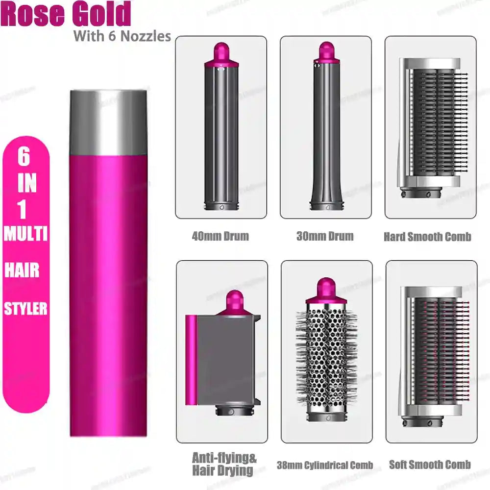 Rose gold 6-in-1 hair styler set with auto-curling barrels, hair dryer nozzle, and smoothing brushes for all hair types.