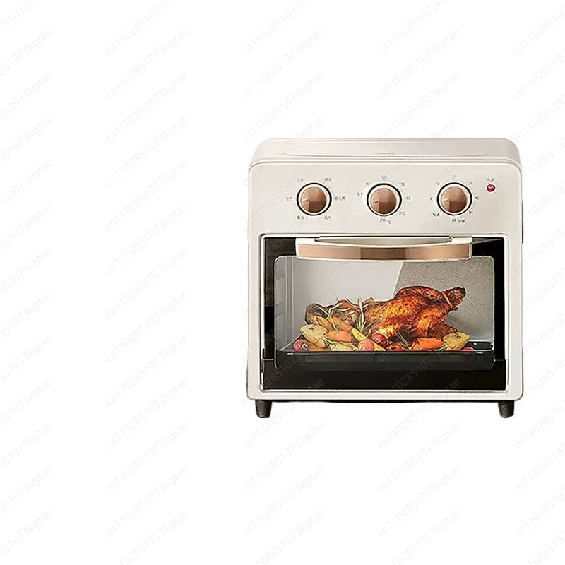 White air fryer toaster oven with open door and roasted food in glass chamber