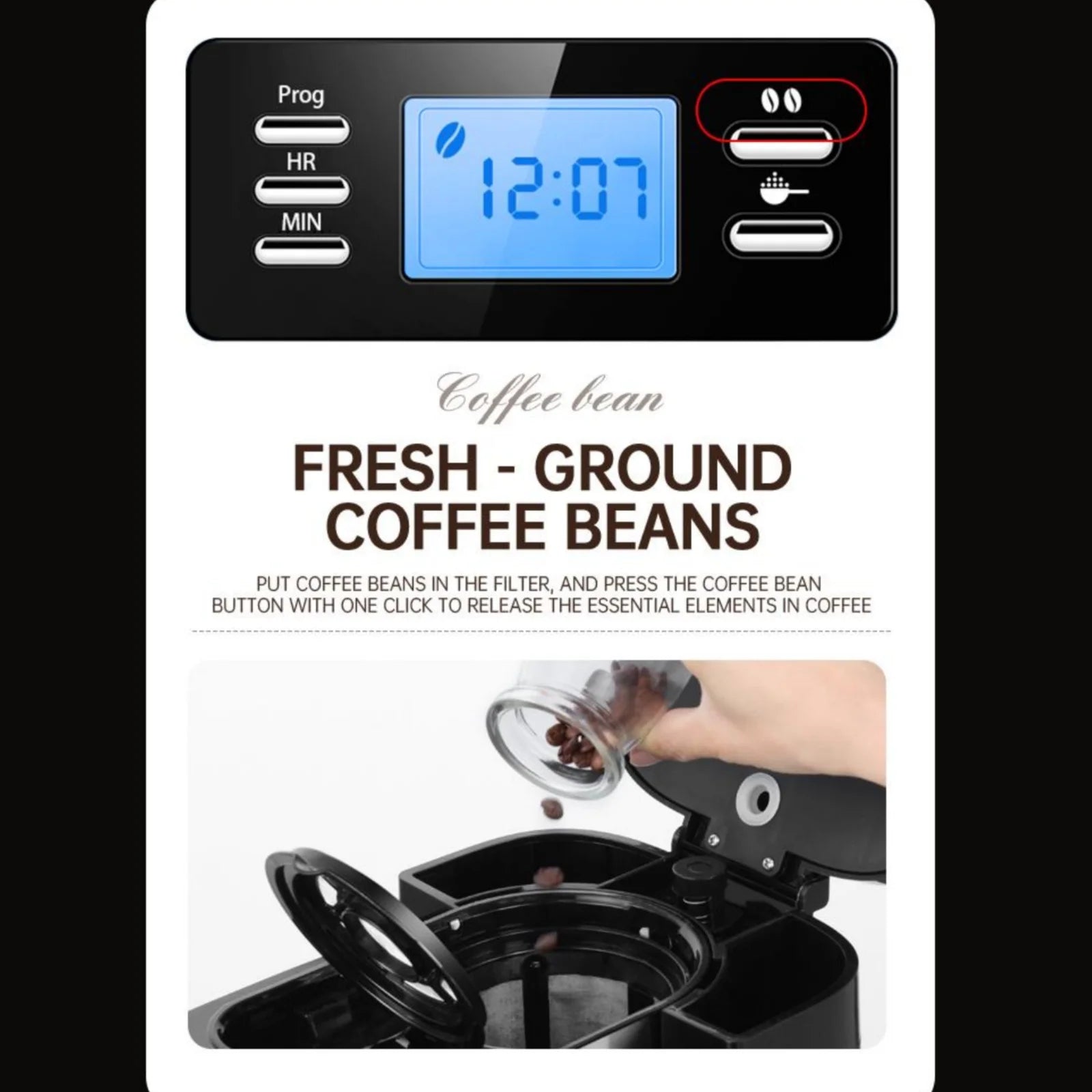 Black programmable coffee maker with digital display, bean-to-cup brewing control, and reusable filter basket.