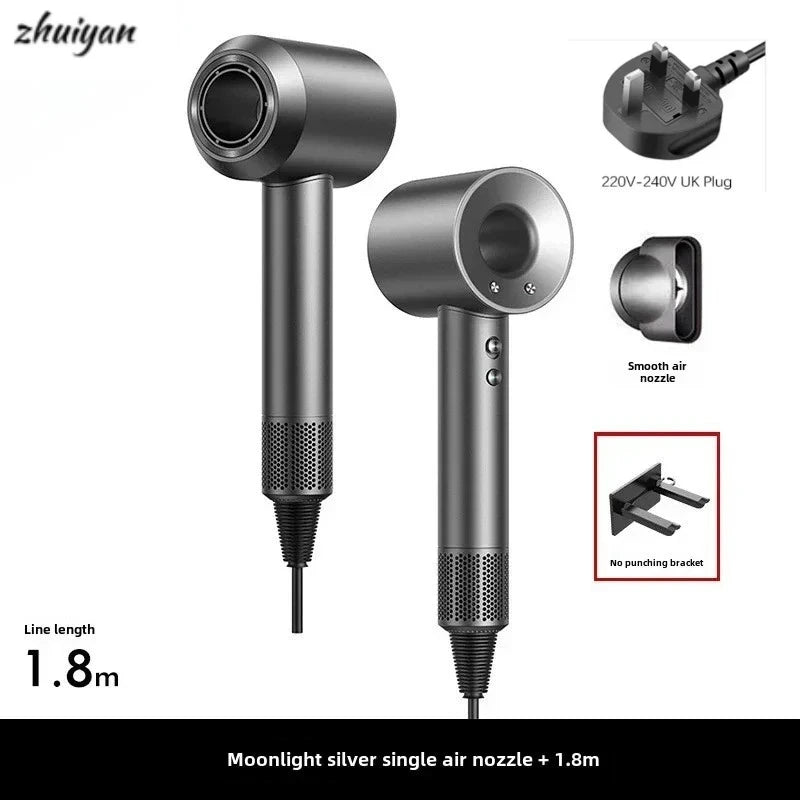 Silver professional leafless ionic hair dryer with wall-mount bracket, smooth nozzle, and 1.8m UK plug cord.