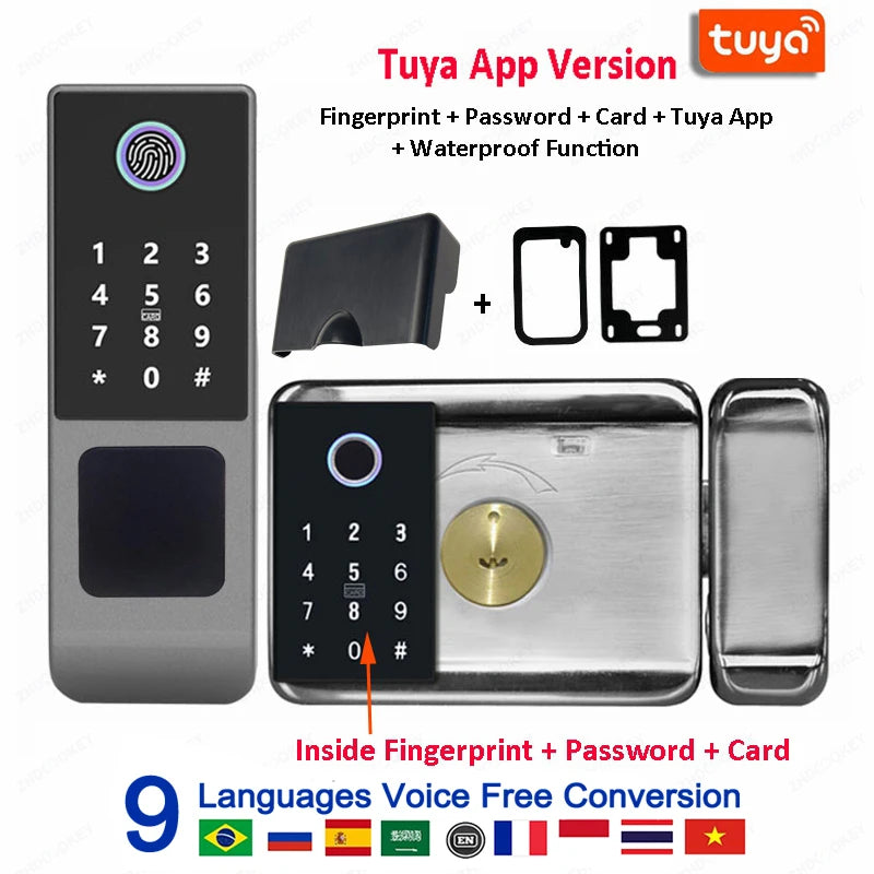 Tidesmit waterproof smart lock with camera featuring fingerprint, RFID, passcode, and remote TTLock app control.