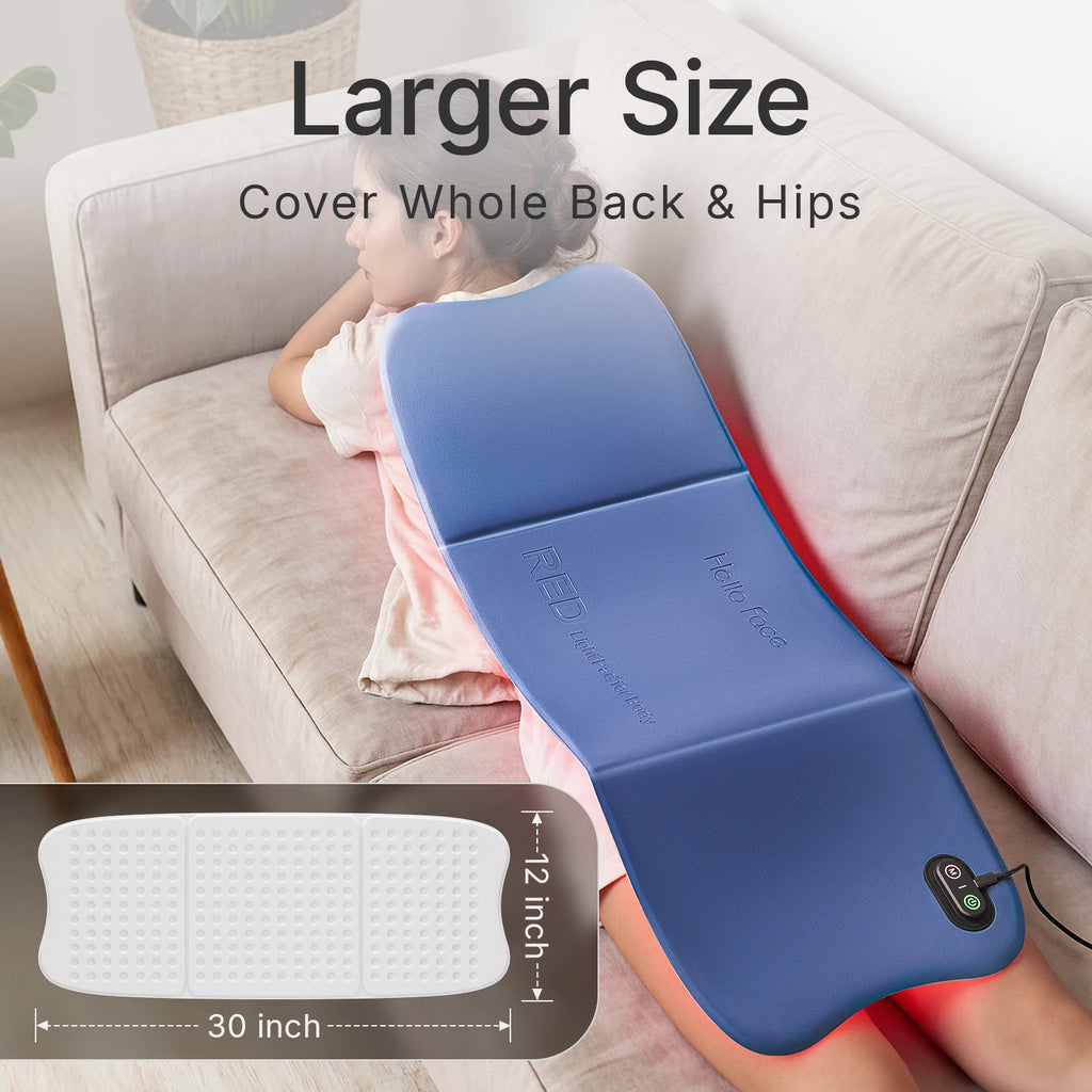 Blue rectangular Hello Face infrared therapy mat on a person's back, with a 30x12-inch dimensions inset.