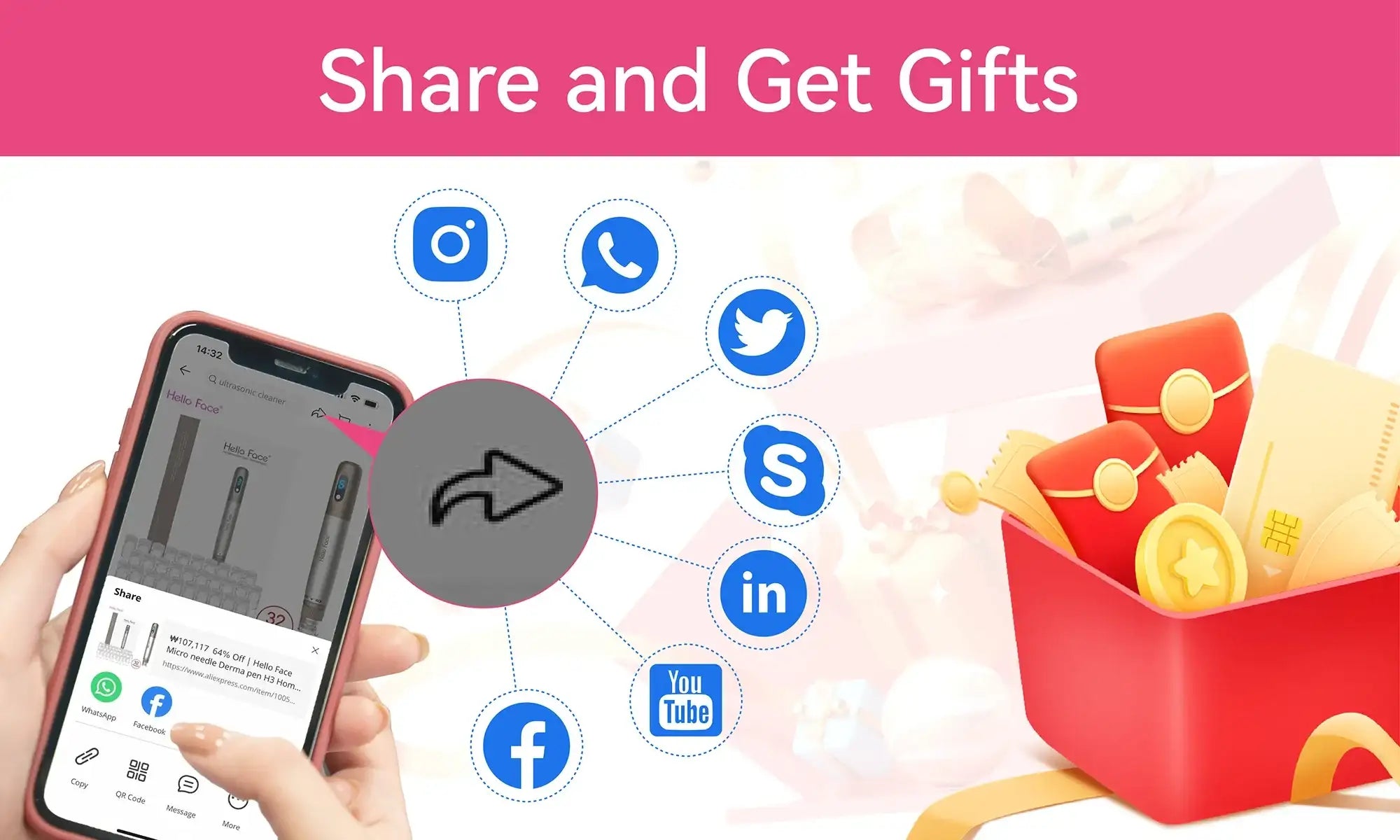 A hand holding a smartphone displaying a social media sharing menu with icons, next to a red gift box with gold cards.
