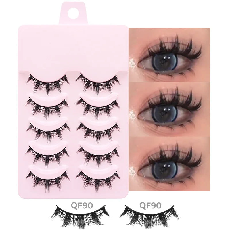 Five pairs of black, spike-textured false lashes on a pink tray, with examples showing a wispy, layered eye look.