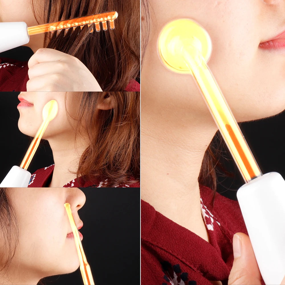 4-in-1 portable high-frequency facial wand with interchangeable glass electrode attachments glowing orange on skin.