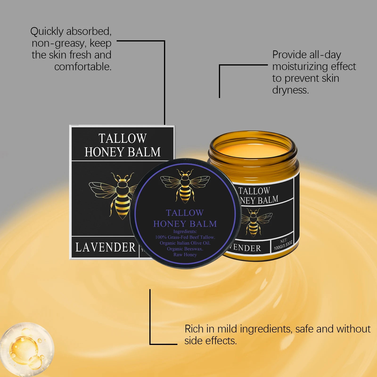 3Designs Natural Grass Fed Beef Tallow Honey Balm Lasting Hydrating Skin Improve Elasticity Korean Face Body Moisturizer Lotion