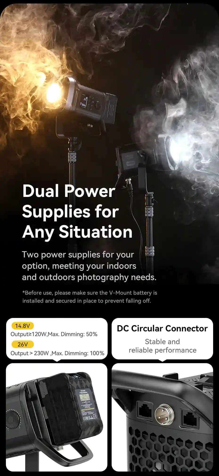 Two black LED video lights on stands, with V-mount battery and DC power port options for indoor or outdoor studio use.