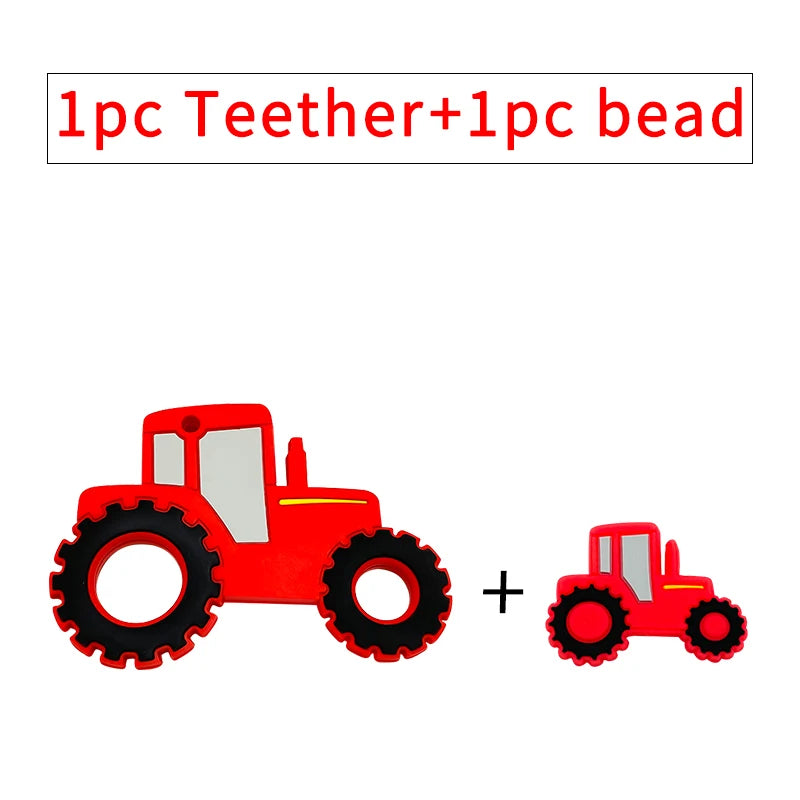 Red tractor silicone baby teething toy for relief.