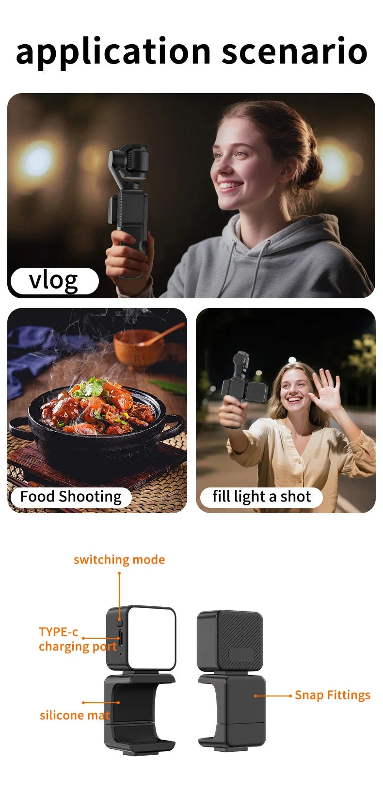 Black clip-on LED fill light for handheld gimbals, featuring a Type-C port, silicone mat, and snap-on mount design.