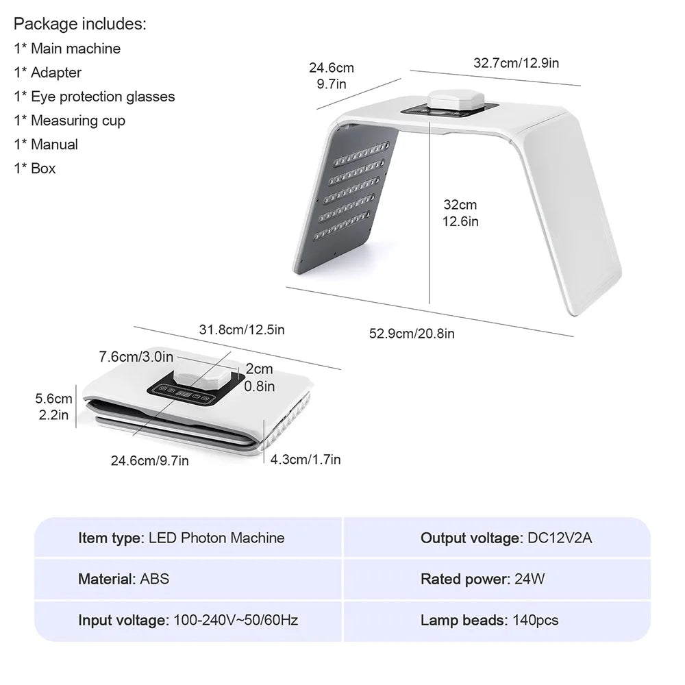 White ABS LED photon light therapy machine, foldable arch shape with control panel, used for facial skin rejuvenation.