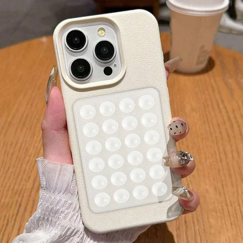 iPhone 17 Pro Max Case with Suction Cup Stand Litchi Leather Antique White Tidesmit