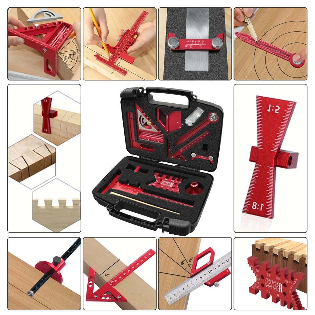 10pcs Woodworking Square Kit with Box, T-Square Scribing Tools,Positioning Block,Circular Drawing Compass,Honing Guide,Height Ga