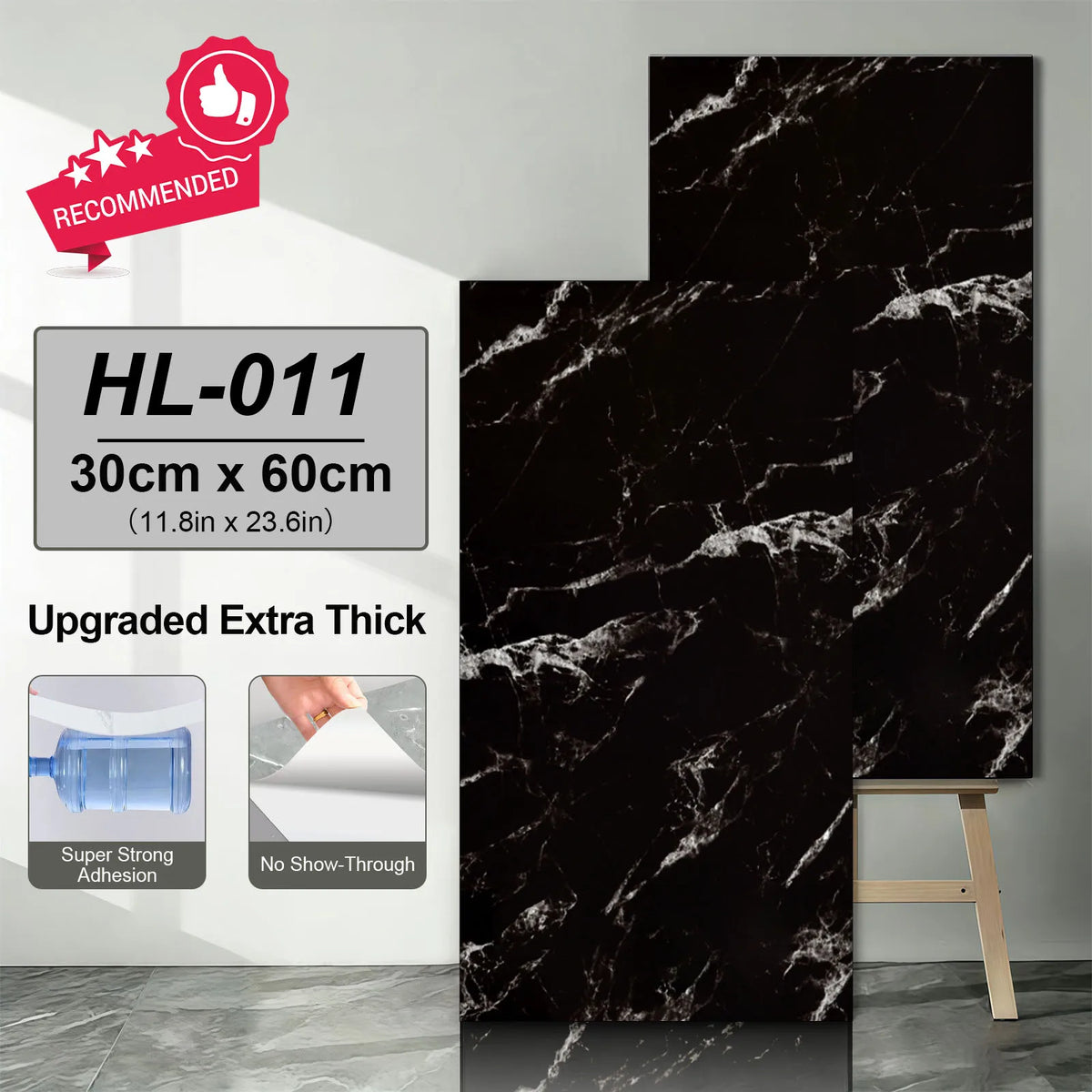 Extra-thick black marble tile sticker with bright white veining, ready-to-apply sheets