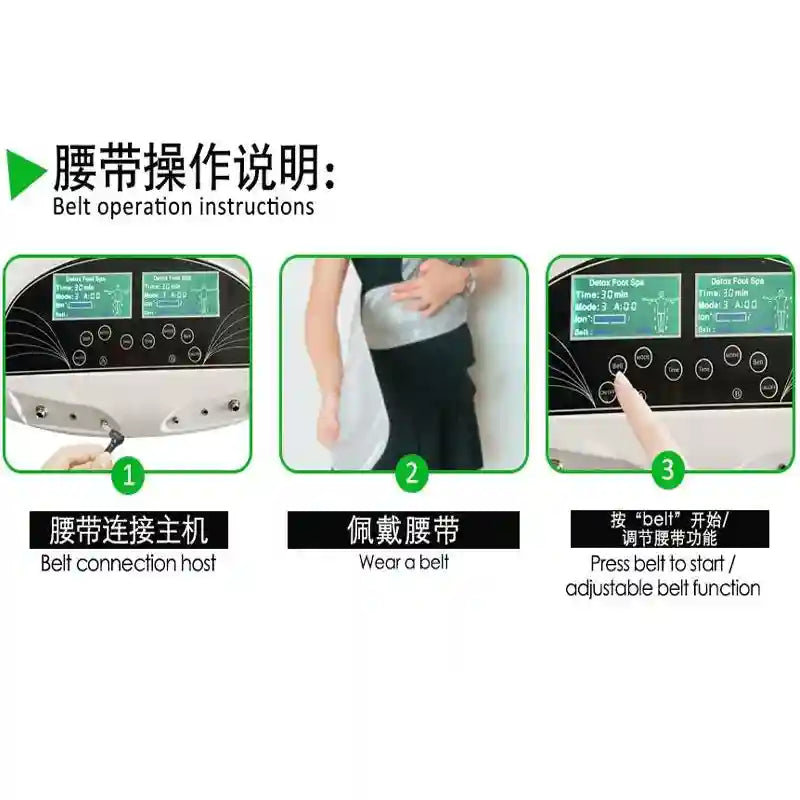 Ionic detox foot bath machine operation guide showing belt connection, usage on waist, and control panel settings.