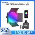 660 PRO RGB LED square video light with adjustable metal barn doors, smartphone control app, power adapter, and carry