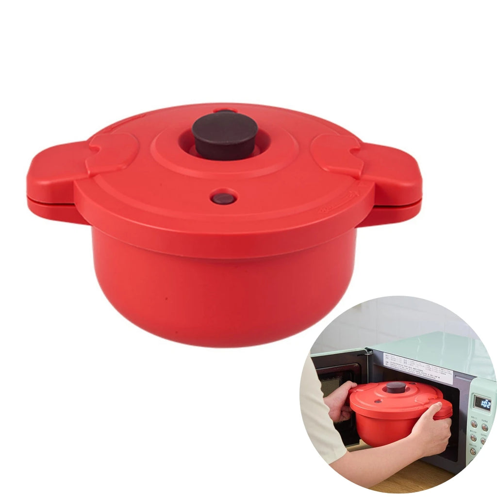 Red microwave pressure cooker pot with lid and vent knob