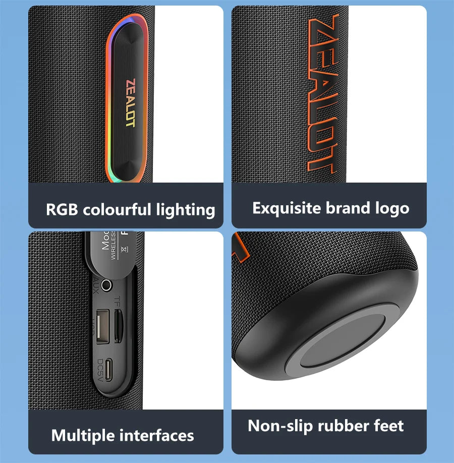 ZEALOT-MP1 60W Wireless Speakers,RGB Light,30 Hours Playtime,, Waterproof IPX 6,Wireless Speaker, Dual Pairing, 8000mAh Battery.