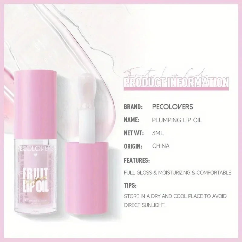 Pecolovers transparent plumping lip oil with a glossy, moisturizing jelly texture and pink cap.