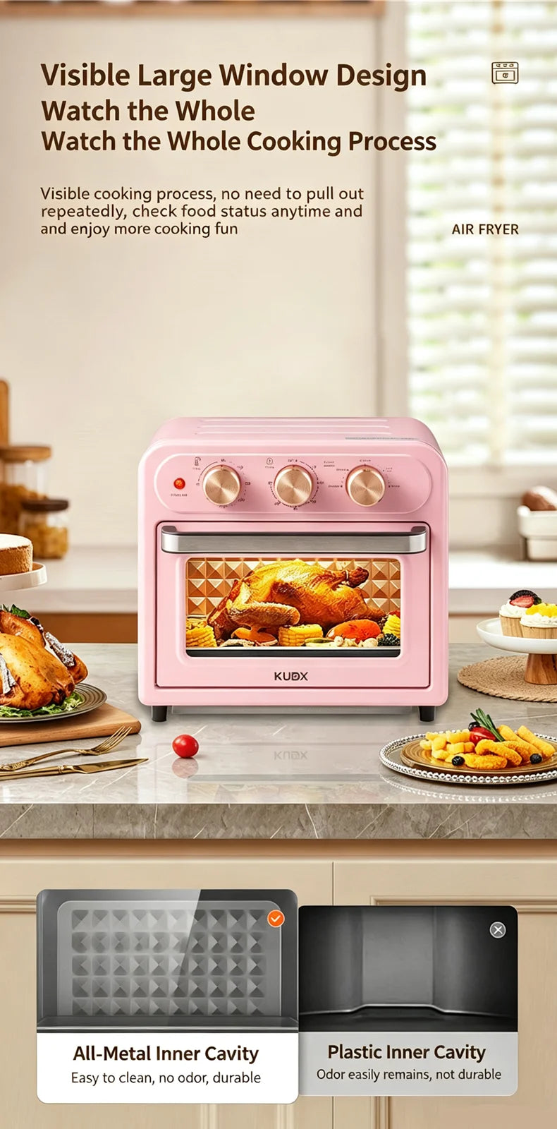 15L Visible Air Fryer Oven Retro Pink Multifunctional Toaster Oven Oil-Free Baking Mini Electric Oven 15.85QT Countertop Oven
