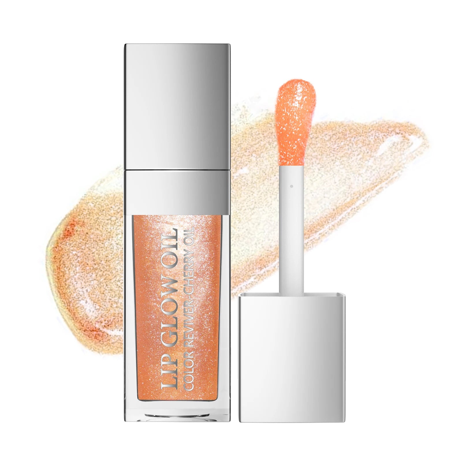 Crystal jelly plumping lip oil with shimmer, hydrating tinted glow gloss in a chic metallic applicator bottle.