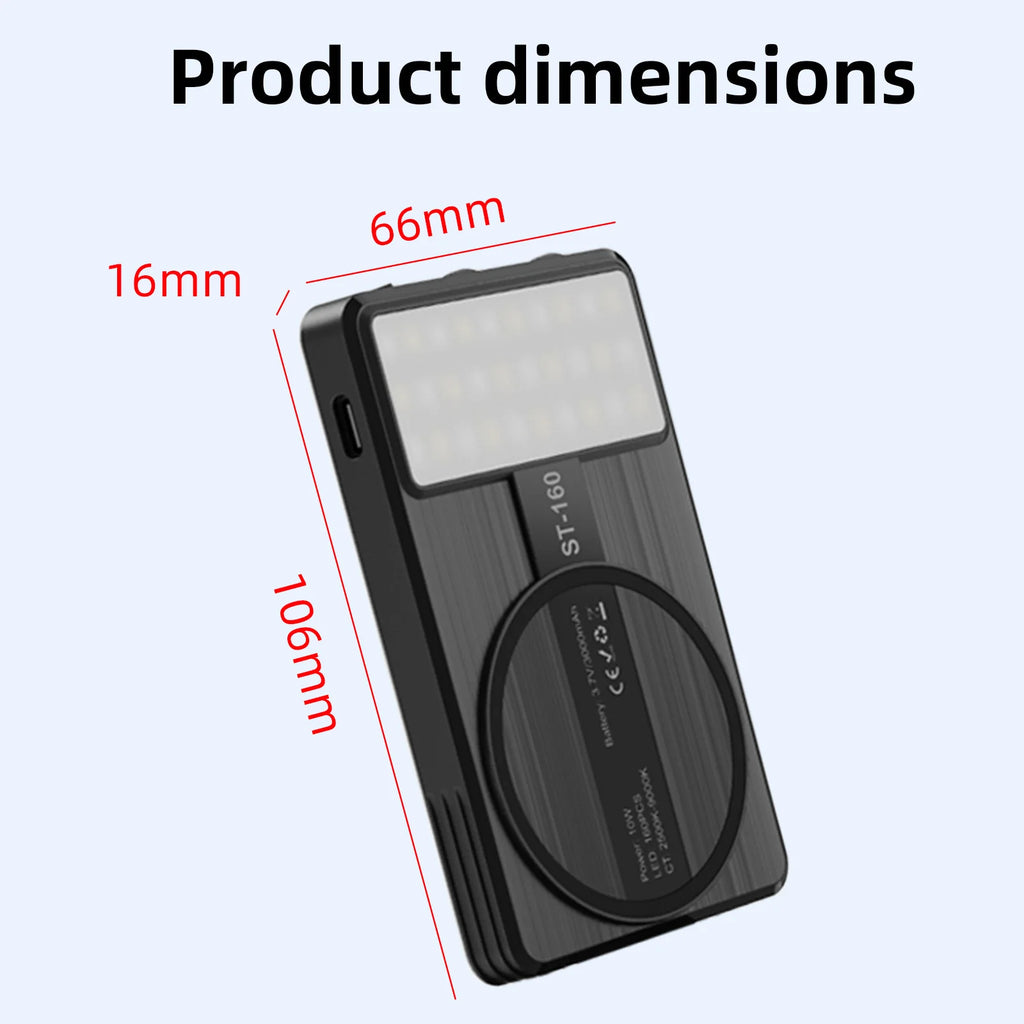 ST-160 black rectangular LED video light with magnetic mount, 106x66x16mm, used for portable photography lighting.