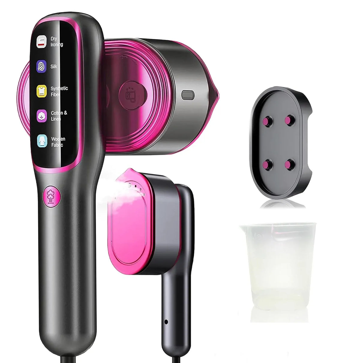 Handheld garment steamer in dark gray and hot pink with fabric settings display, base stand, and measuring cup.