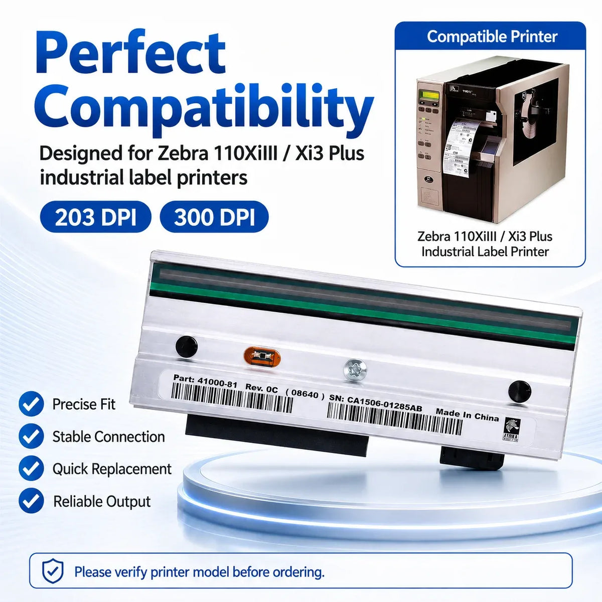 Thermal printhead replacement front view with green print bar for Zebra 203/300 dpi