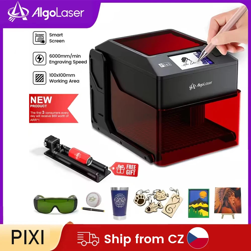 Algolaser PIXI 10W Mini Portable Woodworking Engraving Machine with Rotary Roller High Precision Engraver for DIY Hobby Craft