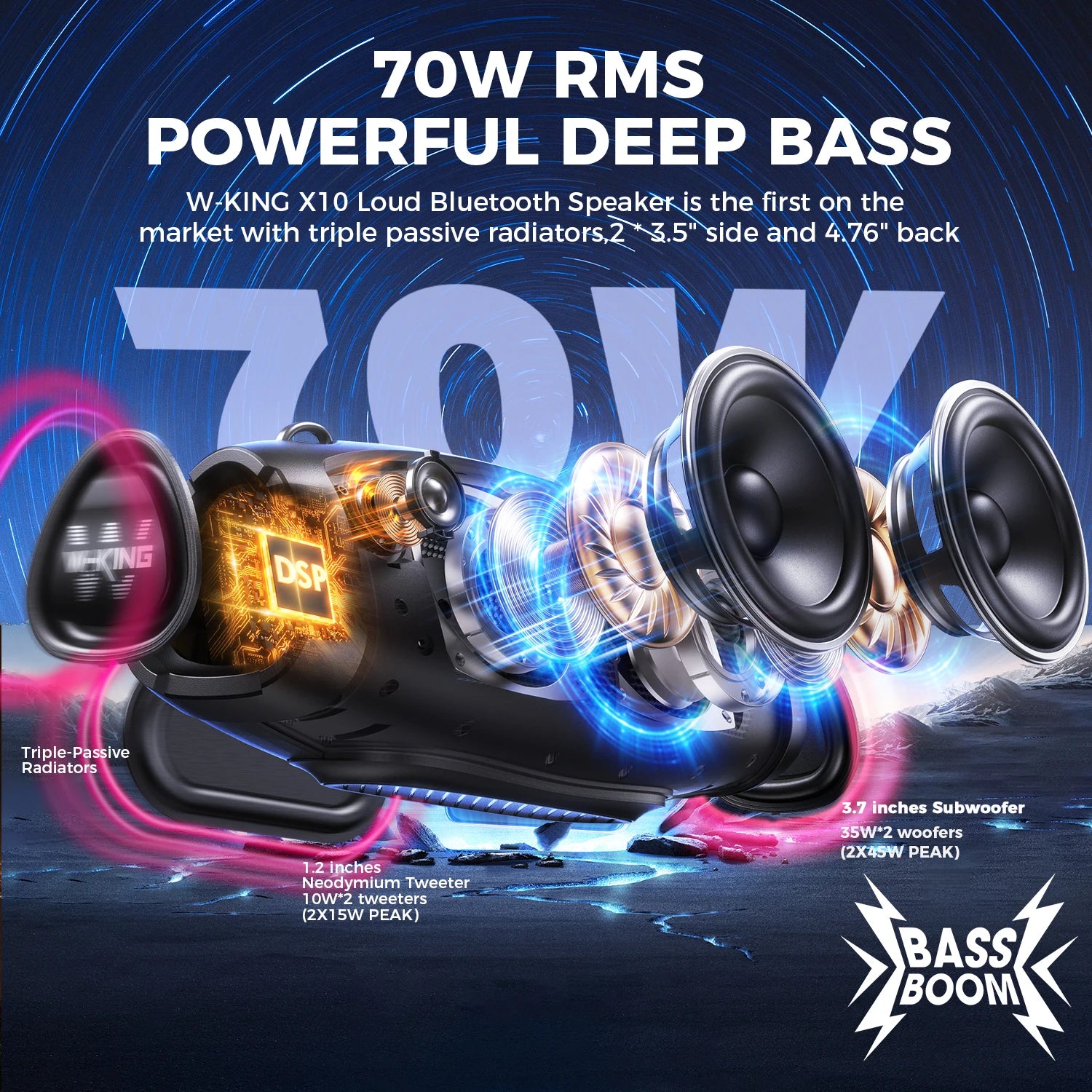 W-KING X10MIC Portable Loud Bluetooth Speakers (120W PEAK)70W with Wireless Microphone,  Waterproof Outdoor Wireless Bluetooth