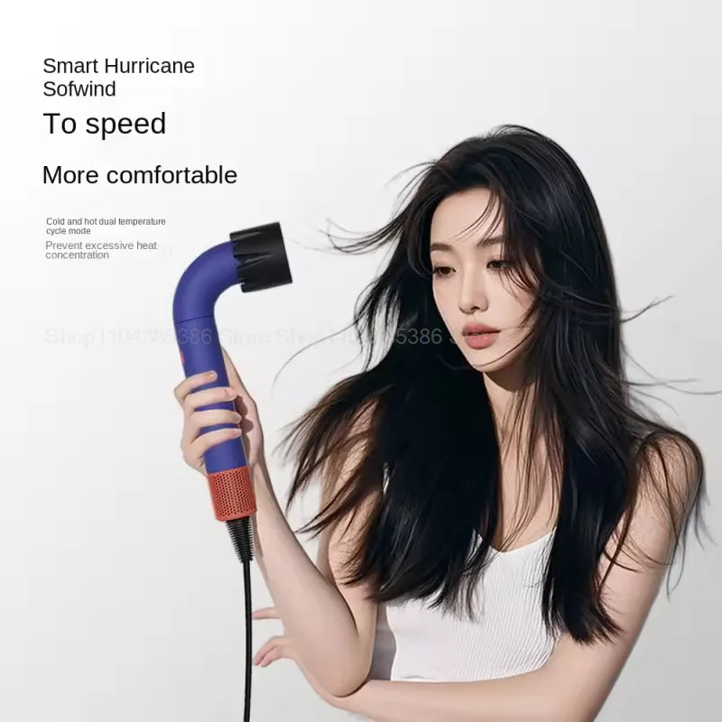 Blue leafless negative ion hair dryer with nozzle attachment for professional styling and fast hair care.