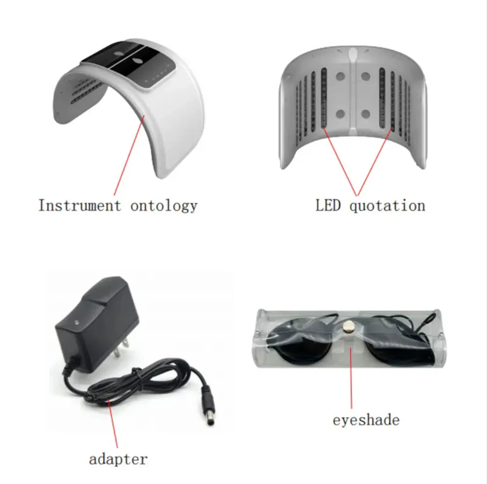 White, arched LED light therapy face device with power adapter and protective eyeshades in a clear case.