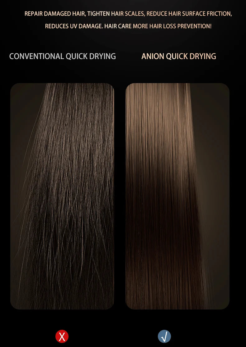 Comparison showing HOMEFISH anion hairdryer smooths hair texture versus conventional drying for healthier, shiny results.