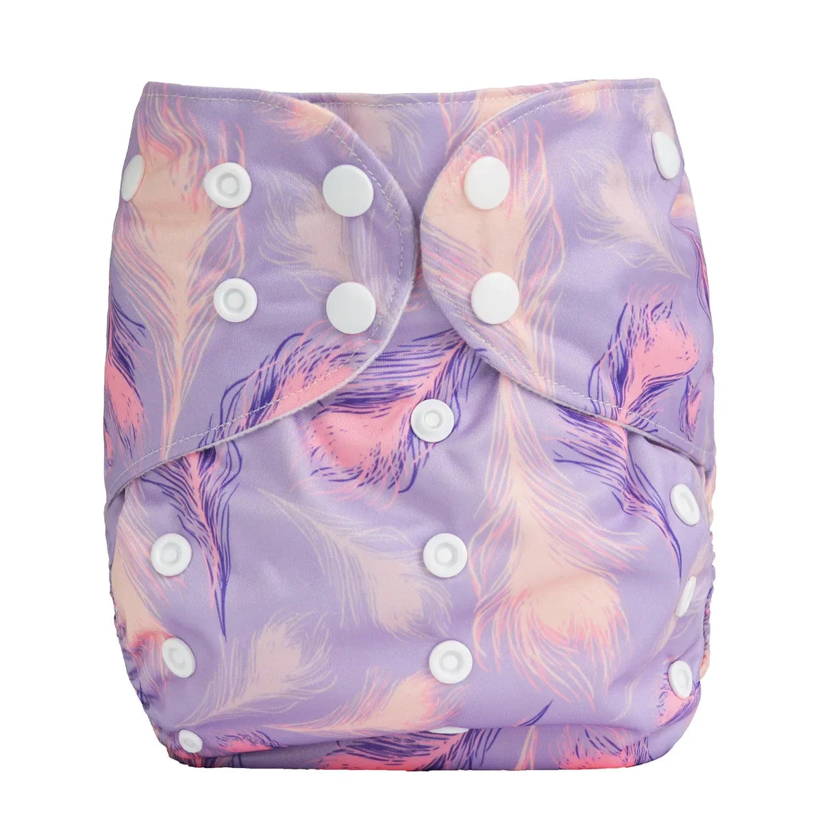 Reusable cloth baby diaper with purple and pink feather print and white snap closures for adjustable sizing.